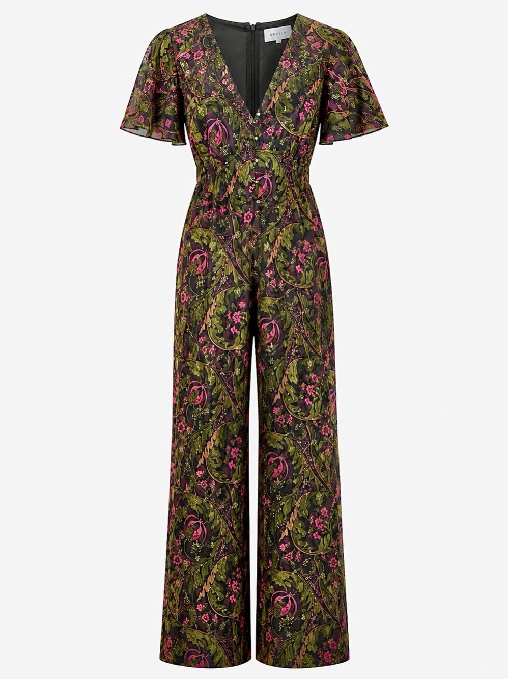 ETT:TWA by Anthropologie Olive & Pink Floral V-Neck Wide-Leg Jumpsuit 10 - Picture 4 of 4
